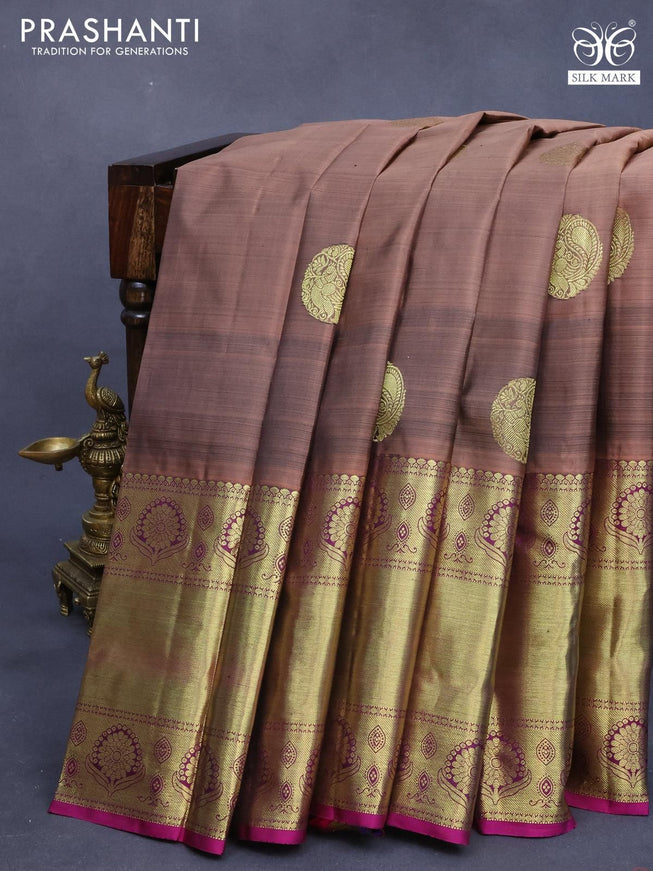 Pure kanjivaram silk saree pastel brown and purple with peacock zari woven buttas and long rich zari woven border