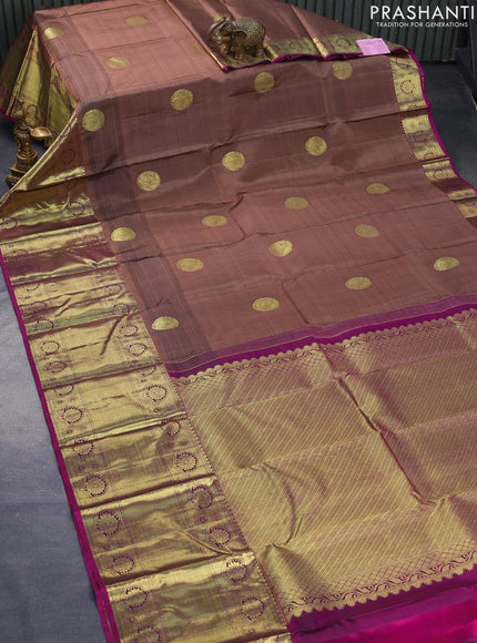 Pure kanjivaram silk saree pastel brown and purple with peacock zari woven buttas and long rich zari woven border