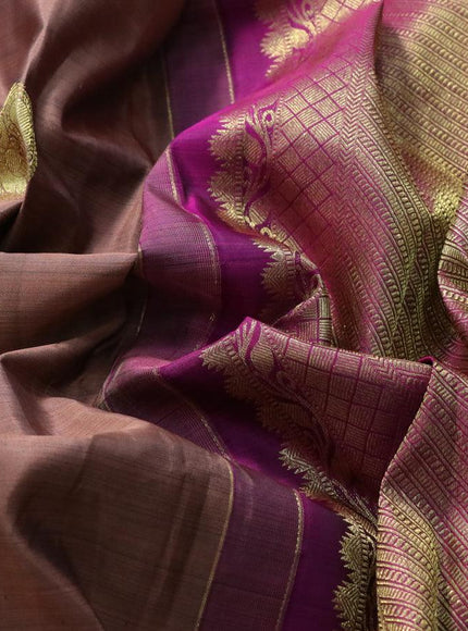 Pure kanjivaram silk saree pastel brown and purple with peacock zari woven buttas and long rich zari woven border