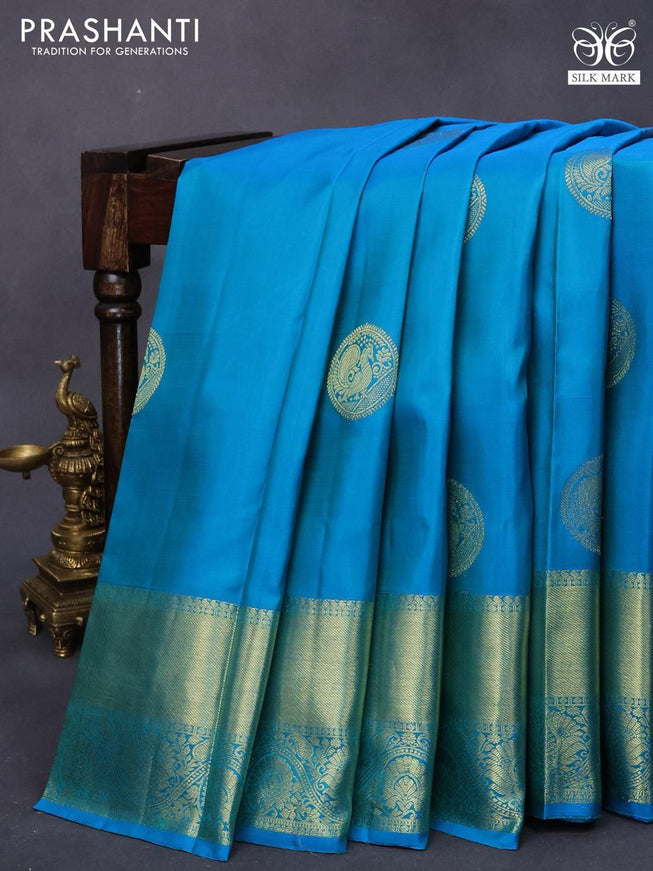 Pure kanjivaram silk saree dual shade of blue with annam zari woven buttas and rich zari woven border