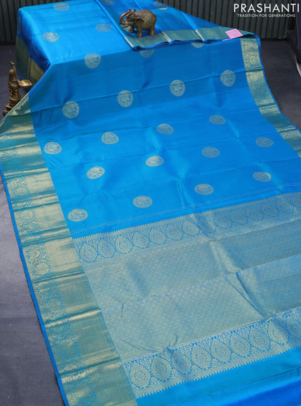 Pure kanjivaram silk saree dual shade of blue with annam zari woven buttas and rich zari woven border