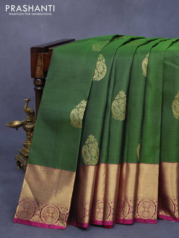 Pure kanjivaram silk saree sap green and dark magenta pink with zari woven buttas and rich zari woven border