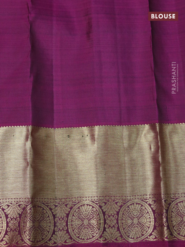 Pure kanjivaram silk saree sap green and dark magenta pink with zari woven buttas and rich zari woven border
