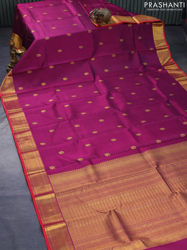 Pure kanjivaram silk saree dark magenta pink and orange with annam zari woven buttas and zari woven border