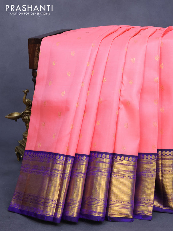 Pure kanjivaram silk saree peach pink and blue with zari woven buttas and zari woven border