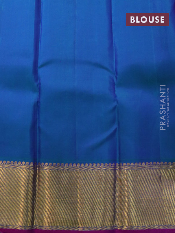 Pure kanjivaram silk saree peach pinkish orange and dual shade bluish green with zari woven buttas and zari woven border