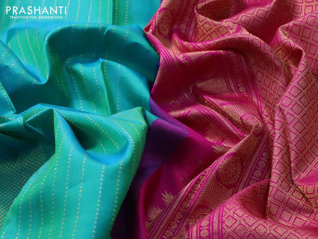 Pure kanjivaram silk saree dual shade of teal green and pink with allover zari weaves in borderless style
