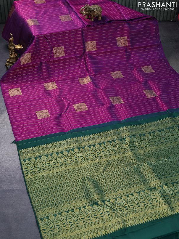 Pure kanjivaram silk saree purple and green with allover zari weaves & buttas in borderless style