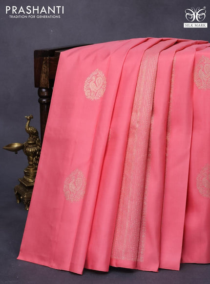 Pure kanjivaram silk saree peach pink and blue with zari woven buttas in borderless style