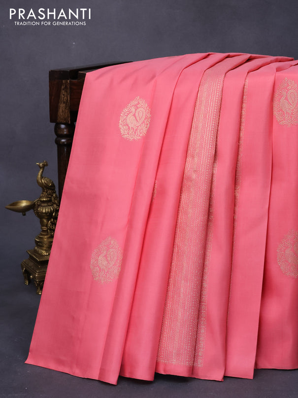 Pure kanjivaram silk saree peach pink and blue with zari woven buttas in borderless style