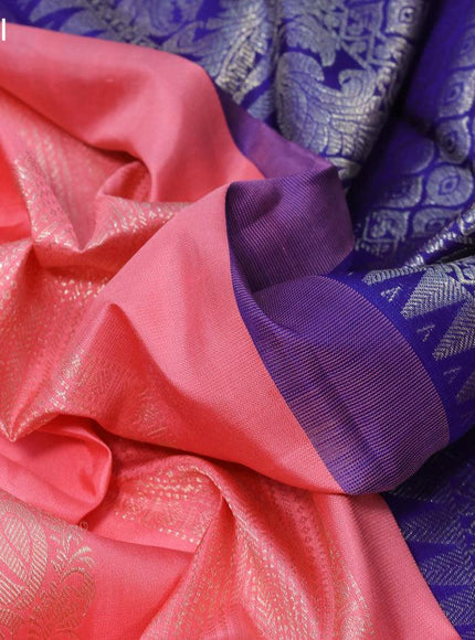 Pure kanjivaram silk saree peach pink and blue with zari woven buttas in borderless style