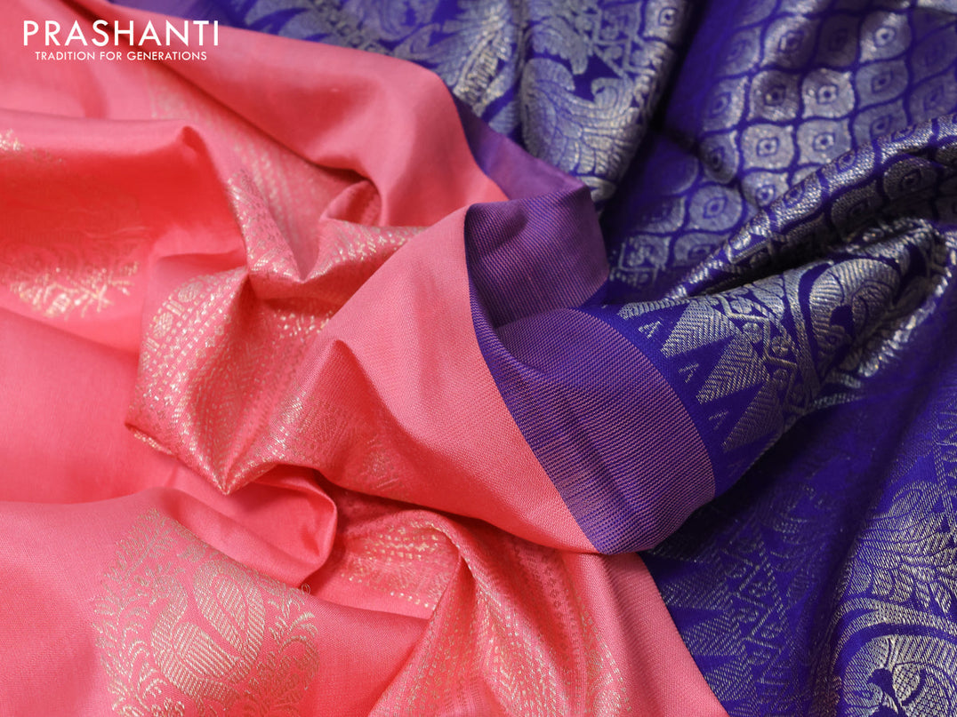 Pure kanjivaram silk saree peach pink and blue with zari woven buttas in borderless style