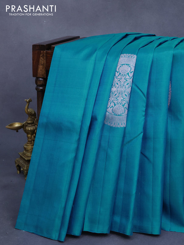 Pure kanjivaram silk saree cs blue and purple with zari woven buttas in borderless style
