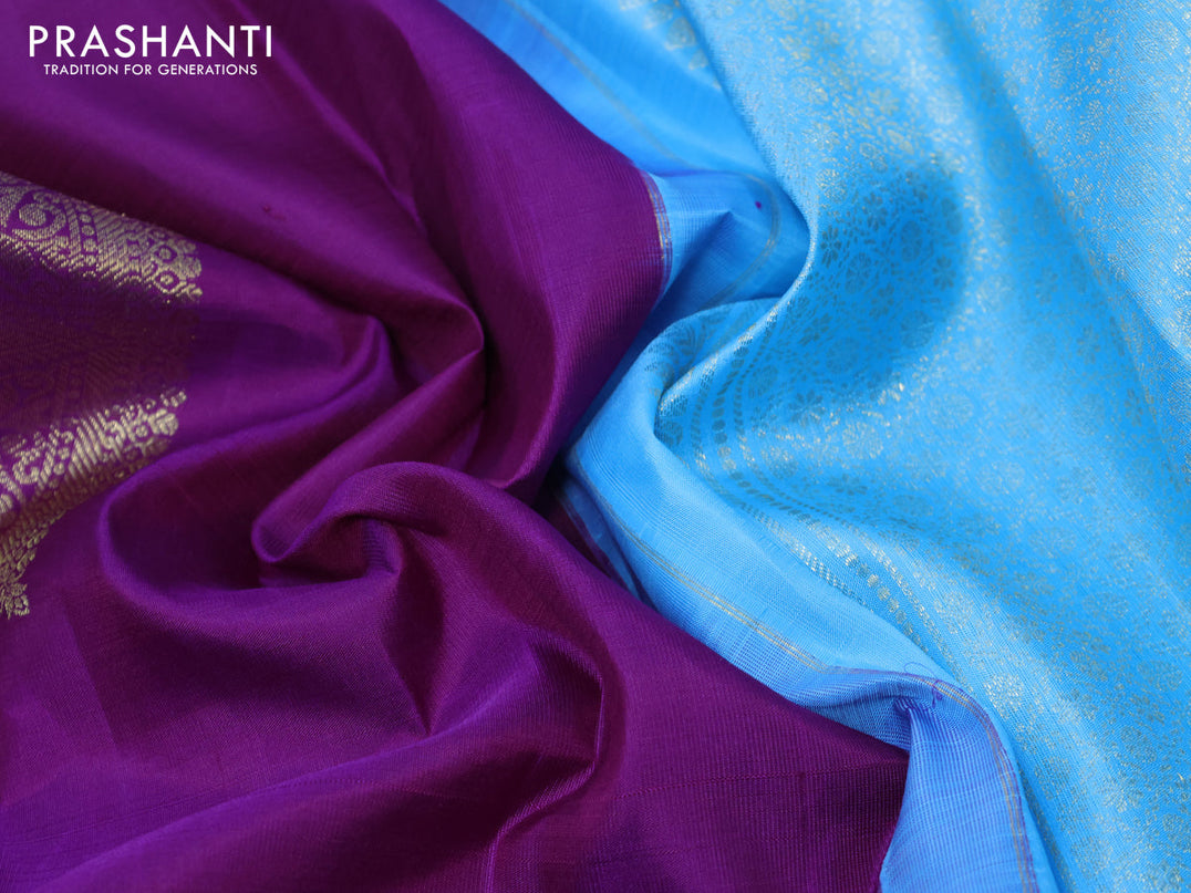 Pure kanjivaram silk saree violet and light blue with zari woven box type buttas in borderless style