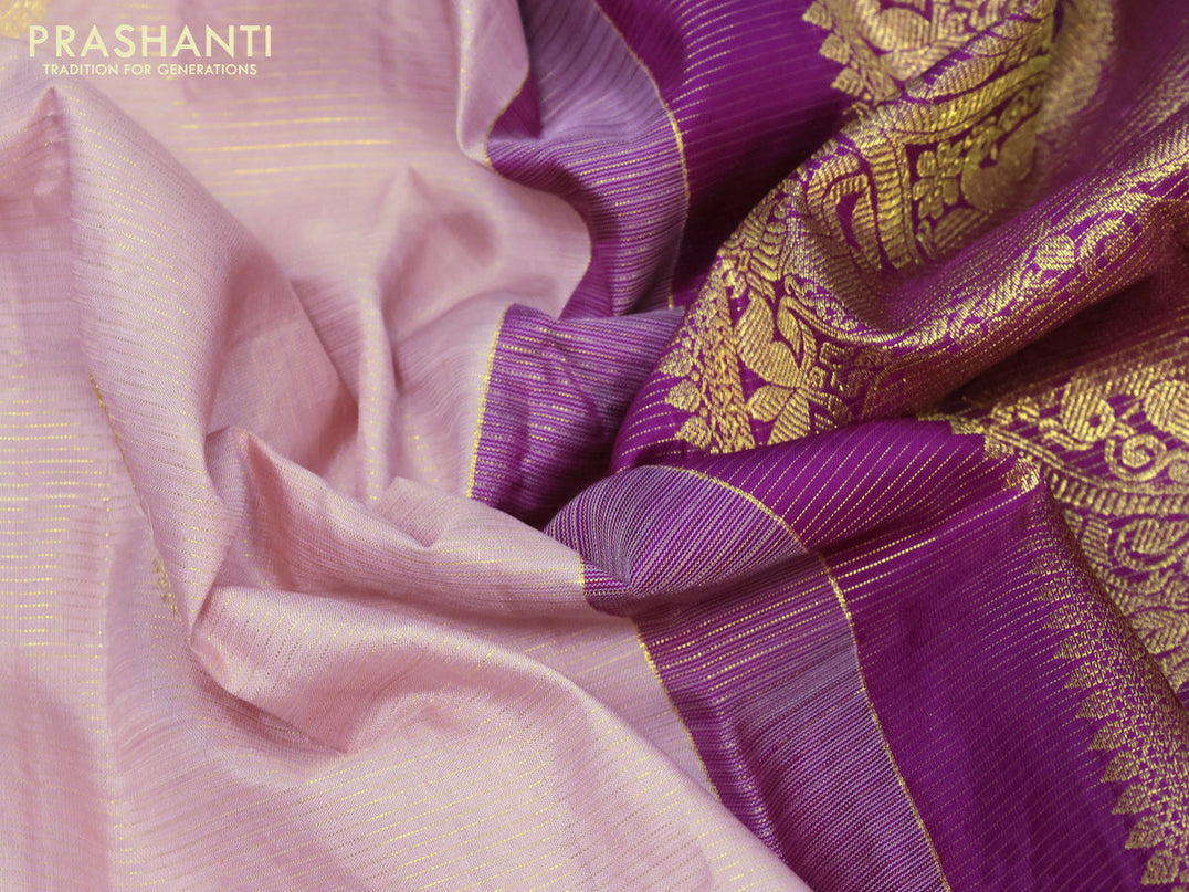Pure kanjivaram silk saree pastel pink and purple with allover zari weaves & buttas in borderless style