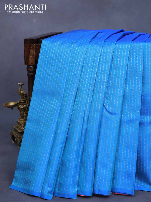 Pure kanjivaram silk saree cs blue and pastel pink with allover zari weaves in borderless style