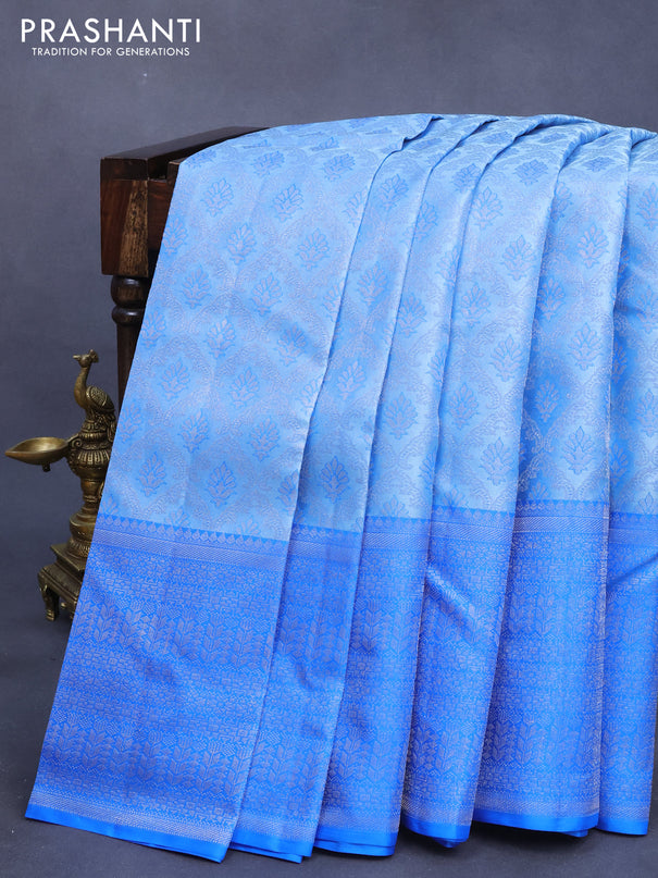 Pure kanjivaram silk saree light blue and cs blue with allover silver zari woven brocade weaves and long silver zari woven border