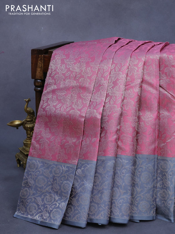Pure kanjivaram silk saree pink shade and grey with allover silver zari woven leaf weaves and silver zari woven border