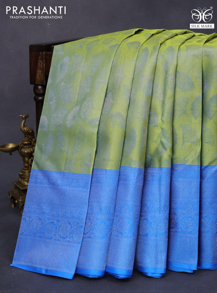 Pure kanjivaram silk saree light green and cs blue with allover silver zari woven butta weaves and silver zari woven border