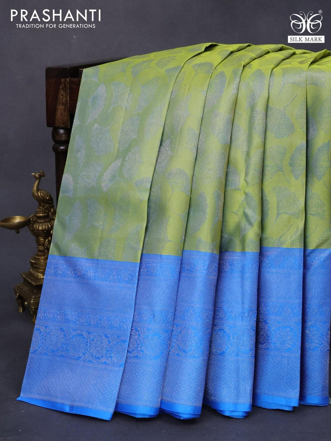 Pure kanjivaram silk saree light green and cs blue with allover silver zari woven butta weaves and silver zari woven border