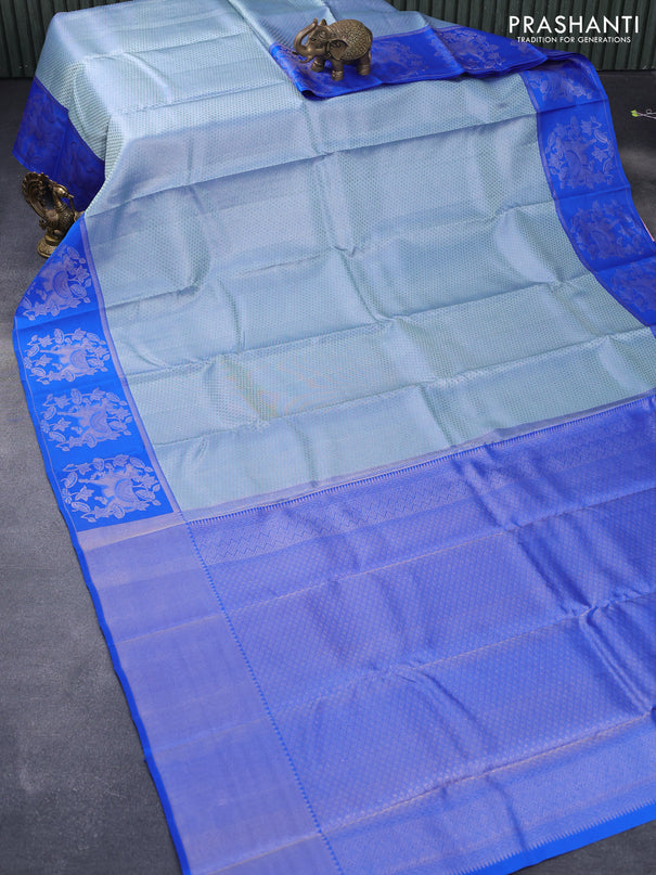 Pure kanjivaram silk saree blue shade and blue with allover silver zari woven butta weaves and silver zari woven border