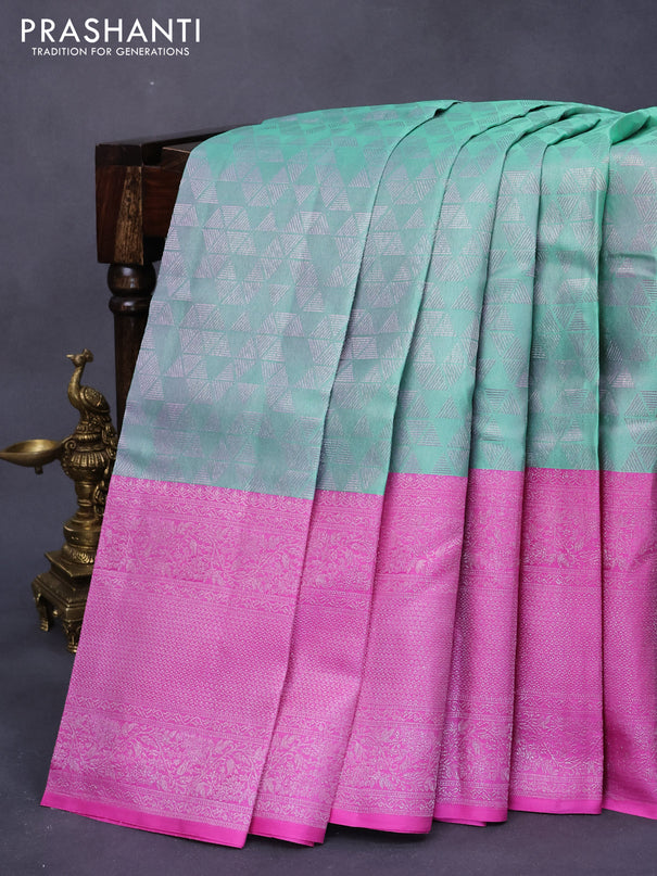Pure kanjivaram silk saree pastel green and light pink with allover silver zari woven geometric wevaes and long silver zari woven border