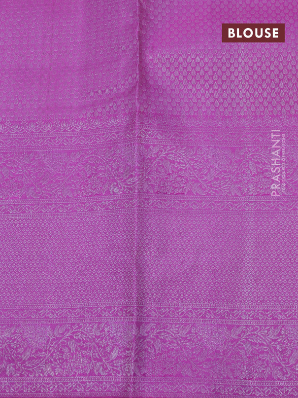 Pure kanjivaram silk saree pastel green and light pink with allover silver zari woven geometric wevaes and long silver zari woven border