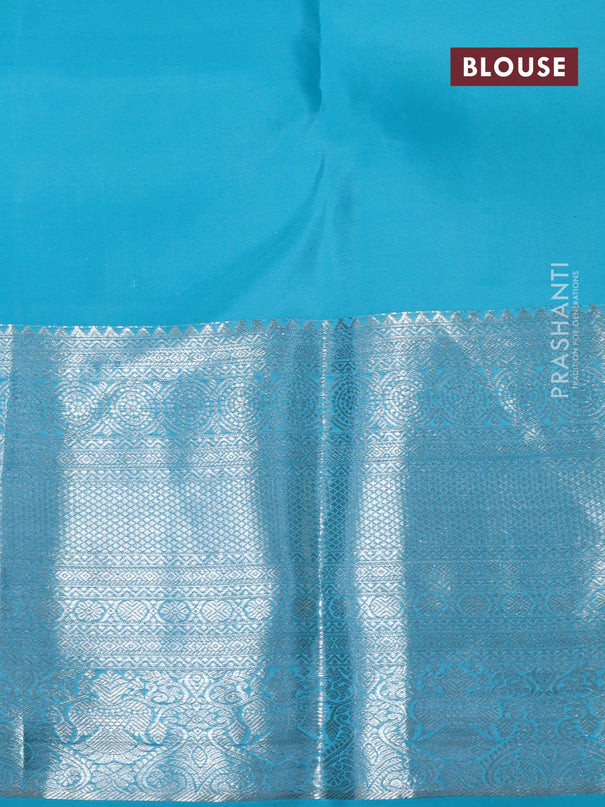 Pure kanjivaram silk saree light blue with allover silver zari woven brocade weaves and silver zari woven border