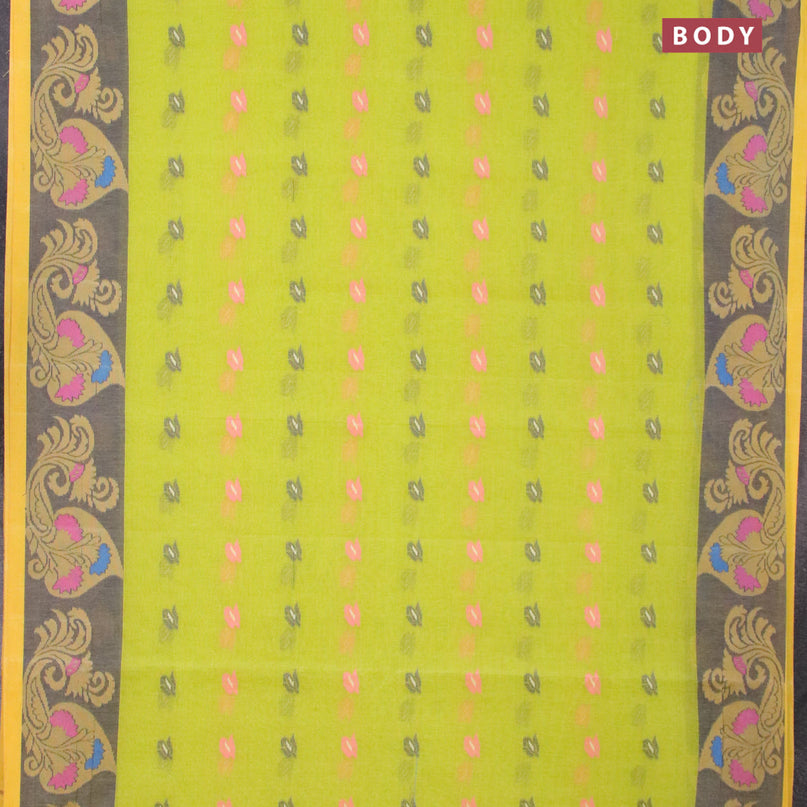 Bengal cotton saree fluorescent green and yellow with thread woven buttas and thread woven border without blouse