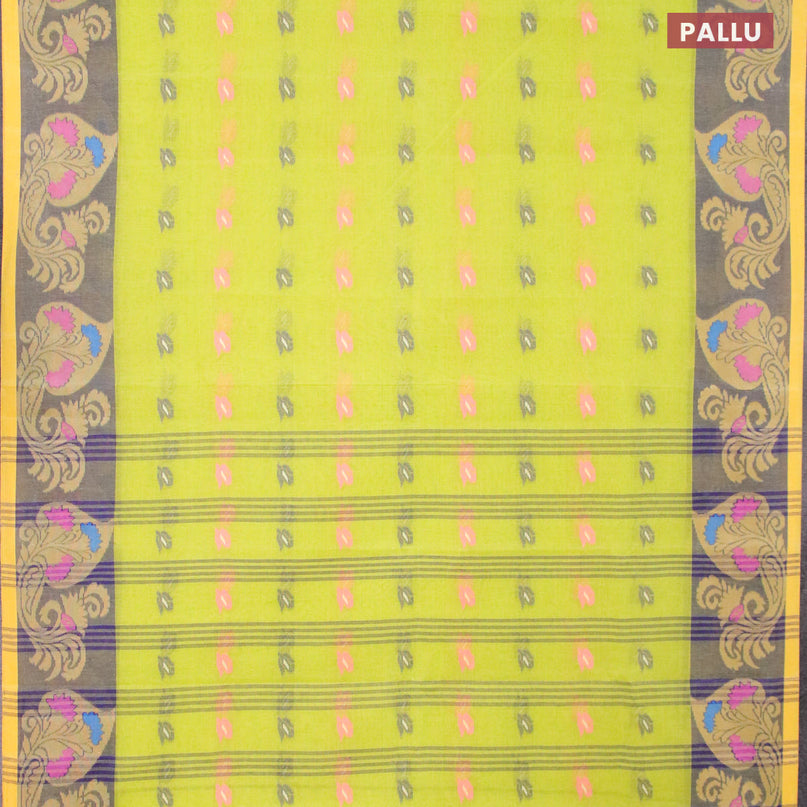 Bengal cotton saree fluorescent green and yellow with thread woven buttas and thread woven border without blouse