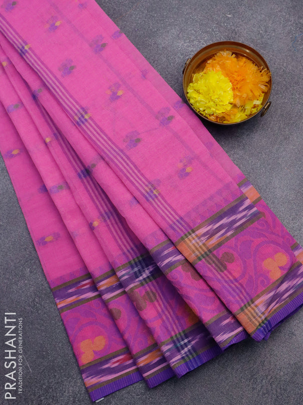 Bengal cotton saree magenta pink and blue with thread woven buttas and thread woven border without blouse