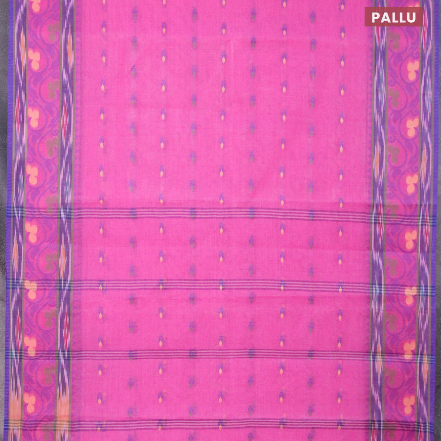 Bengal cotton saree magenta pink and blue with thread woven buttas and thread woven border without blouse