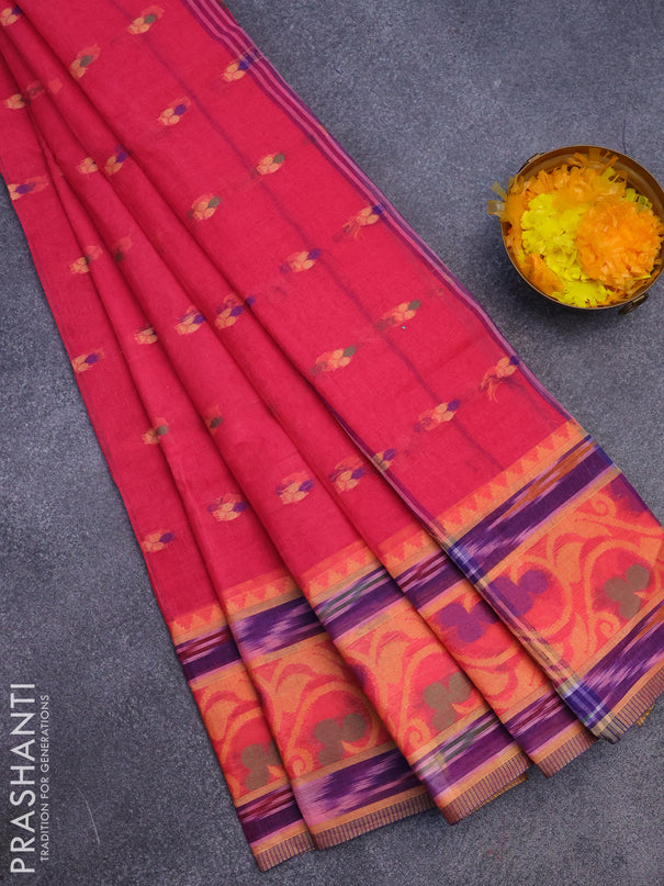 Bengal cotton saree pink and blue with thread woven buttas and thread woven border without blouse