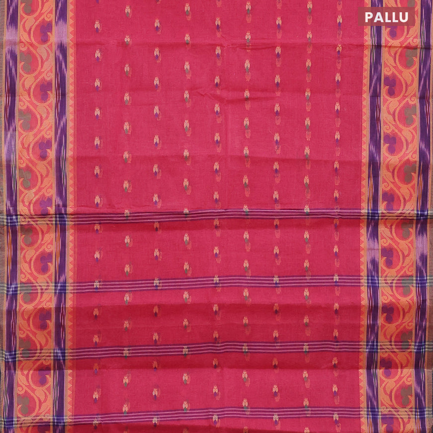 Bengal cotton saree pink and blue with thread woven buttas and thread woven border without blouse