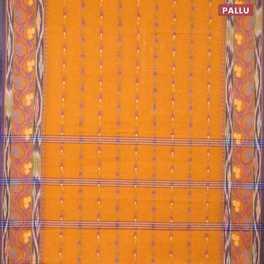 Bengal cotton saree mustard yellow and blue with thread woven buttas and thread woven border without blouse