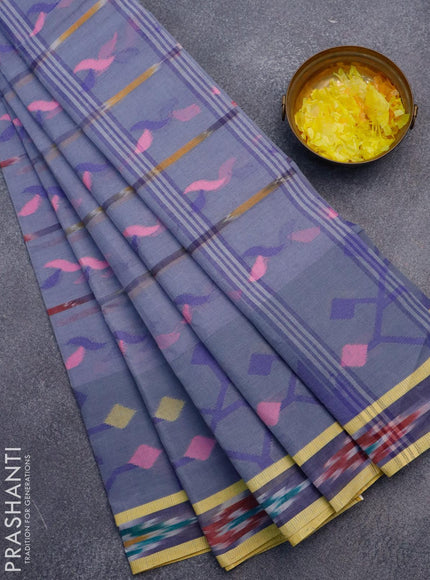 Bengal cotton saree greyish blue with thread woven buttas and ikat style border without blouse