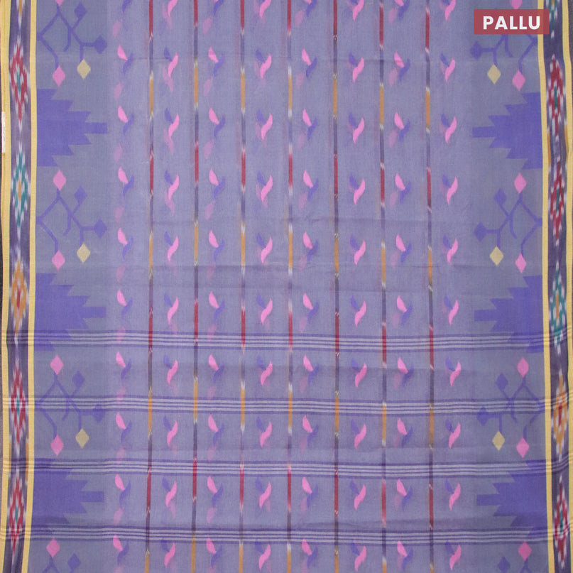 Bengal cotton saree greyish blue with thread woven buttas and ikat style border without blouse