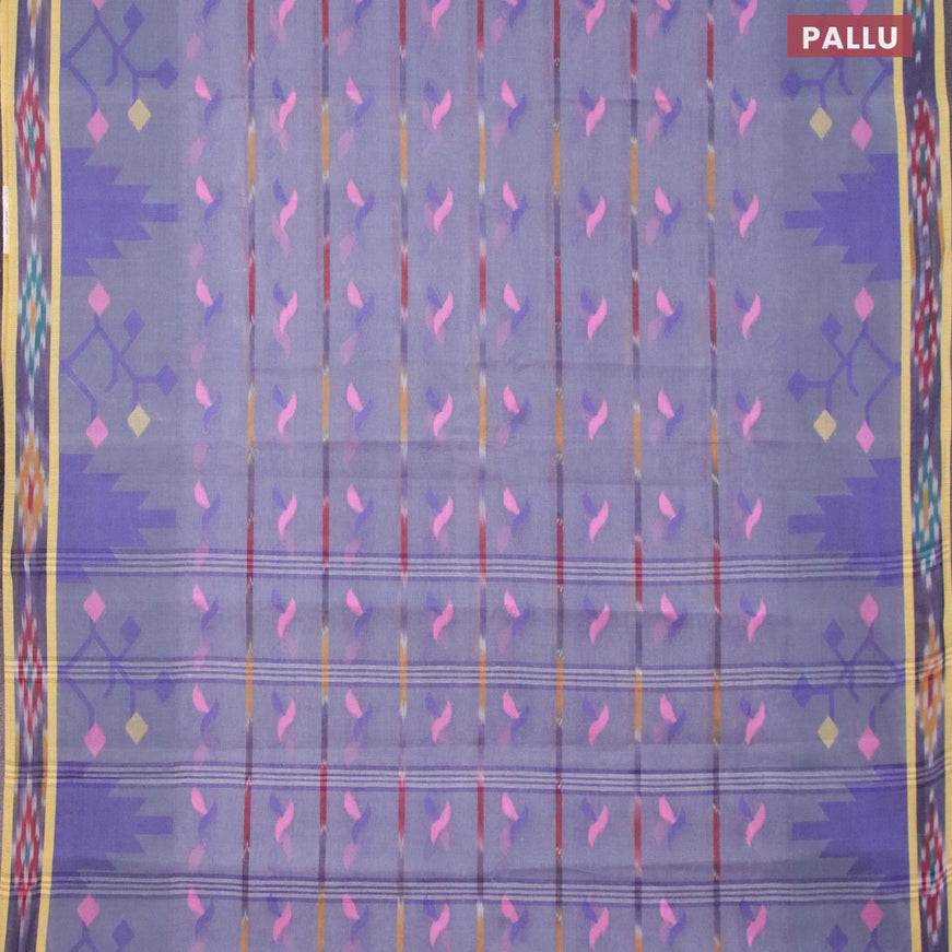 Bengal cotton saree greyish blue with thread woven buttas and ikat style border without blouse