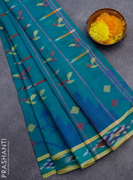 Bengal cotton saree teal green with thread woven buttas and ikat style border without blouse