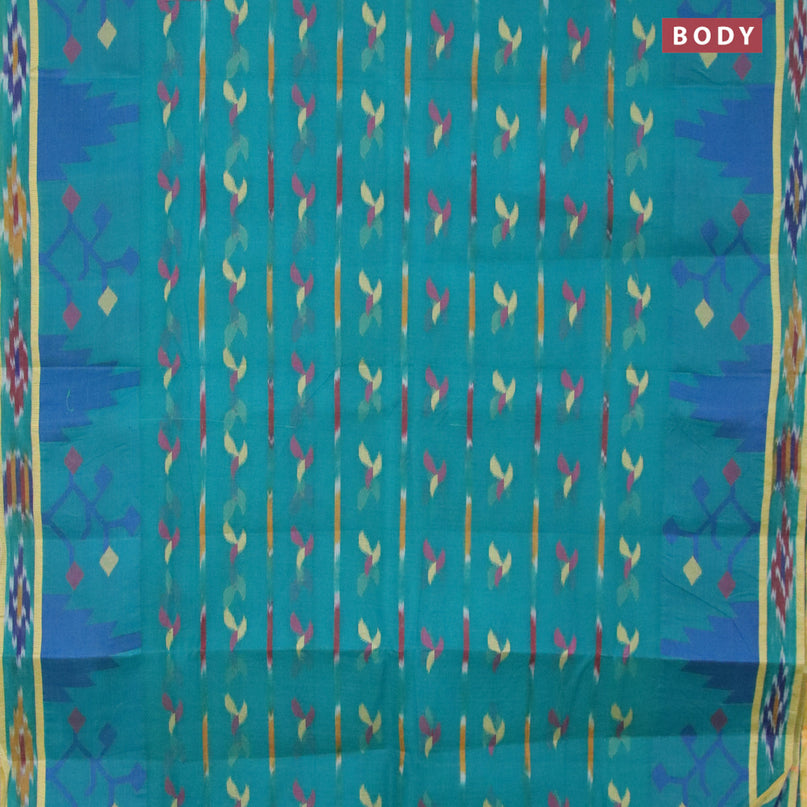 Bengal cotton saree teal green with thread woven buttas and ikat style border without blouse