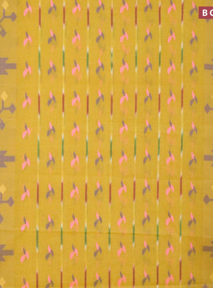 Bengal cotton saree lime yellow and blue with thread woven buttas and ikat style border without blouse