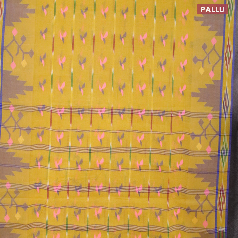 Bengal cotton saree lime yellow and blue with thread woven buttas and ikat style border without blouse