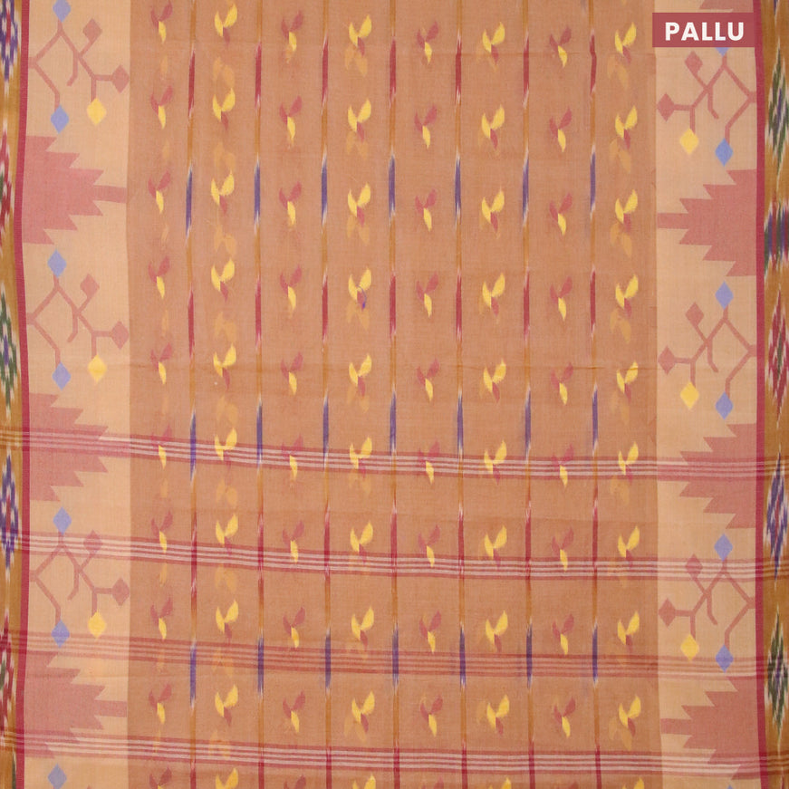 Bengal cotton saree sandal and maroon with thread woven buttas and ikat style border without blouse