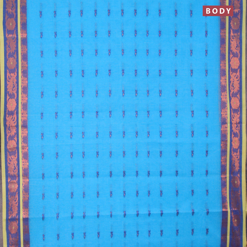 Bengal cotton saree cs blue and blue with thread & zari woven buttas and copper zari woven border without blouse