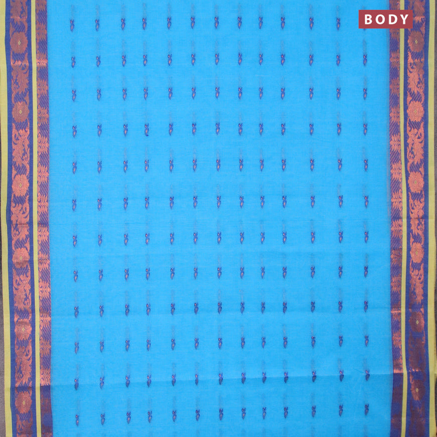 Bengal cotton saree cs blue and blue with thread & zari woven buttas and copper zari woven border without blouse