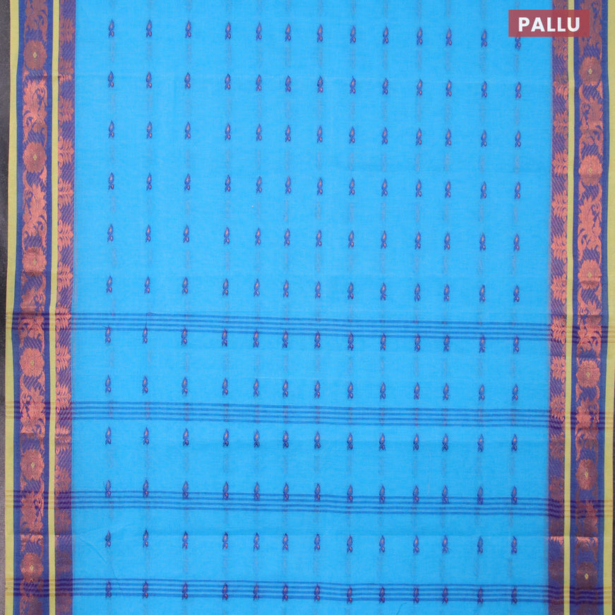 Bengal cotton saree cs blue and blue with thread & zari woven buttas and copper zari woven border without blouse