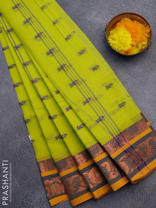 Bengal cotton saree fluorescent green and blue with thread & zari woven buttas and copper zari woven border without blouse