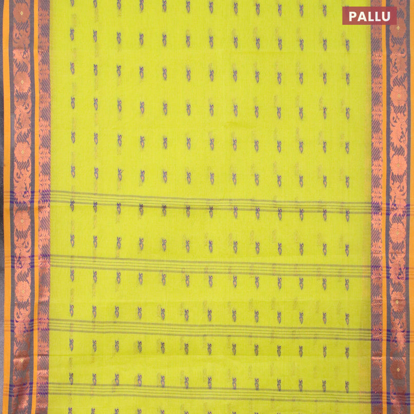 Bengal cotton saree fluorescent green and blue with thread & zari woven buttas and copper zari woven border without blouse