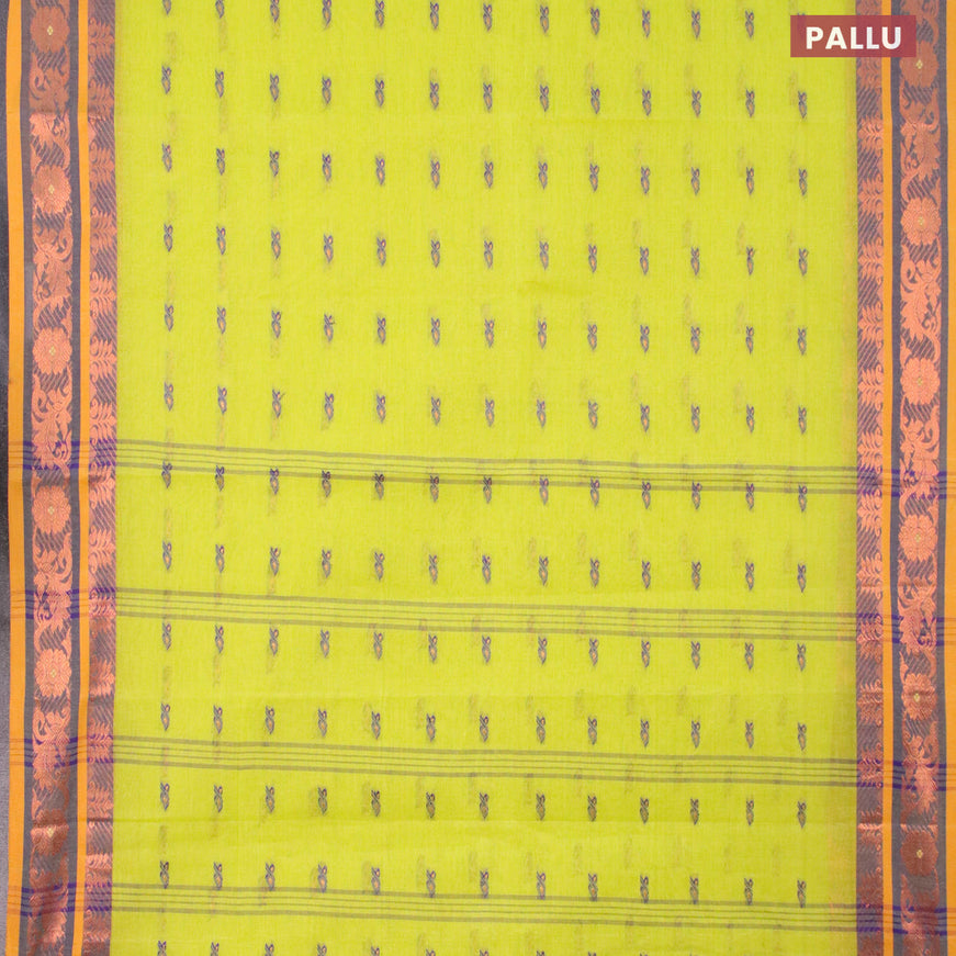 Bengal cotton saree fluorescent green and blue with thread & zari woven buttas and copper zari woven border without blouse