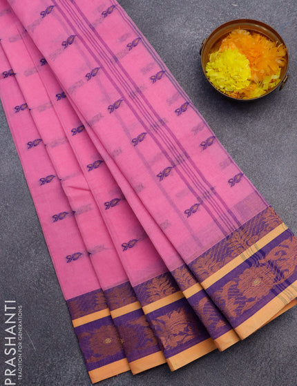 Bengal cotton saree pink and blue with thread & zari woven buttas and copper zari woven border without blouse